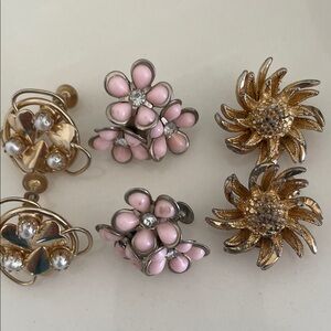 50’s earrings-pink simulated reins tones,gold w/3 pearls.Gold sunburst earring.